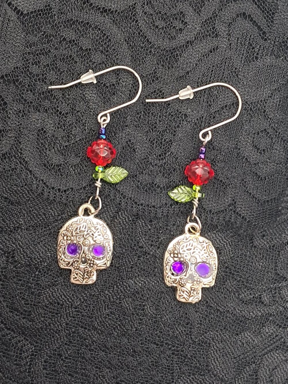 Handmade Steel Sugar Skull Earrings Red Rose Beads & Green Leaves Day of Dead